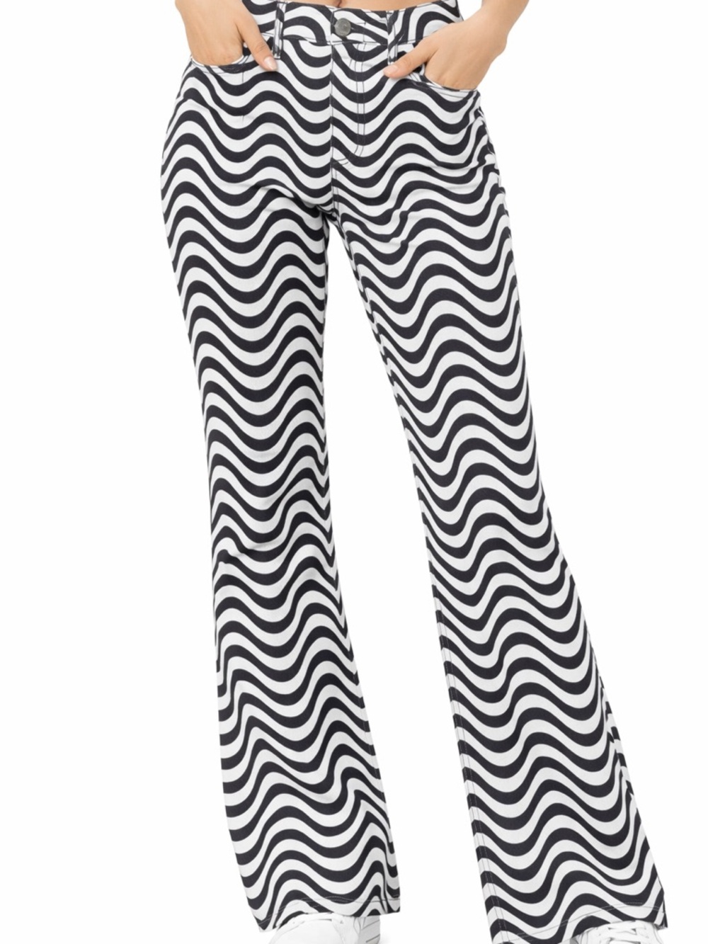 Ragged Jeans Black White Wave Print Flare Pants Size 28 Cotton